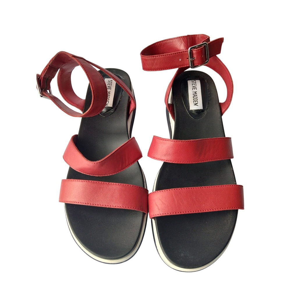 Steve Madden Womens Red Leather Ankle Strap Platform Wedge Sandals